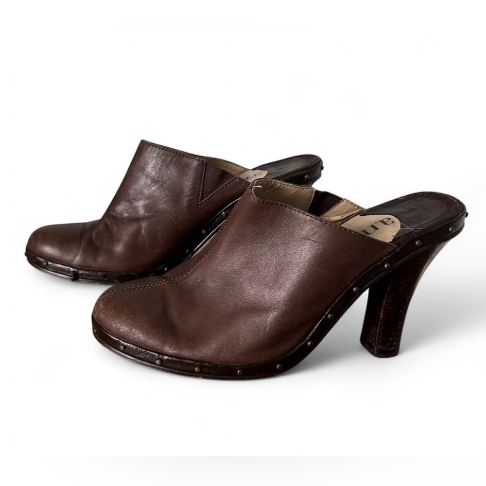 Brown leather clogs